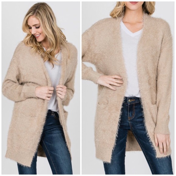 Sweaters - SOLD OUT Taupe Fuzzy Long Sleeve Knit Pocket Cardigan